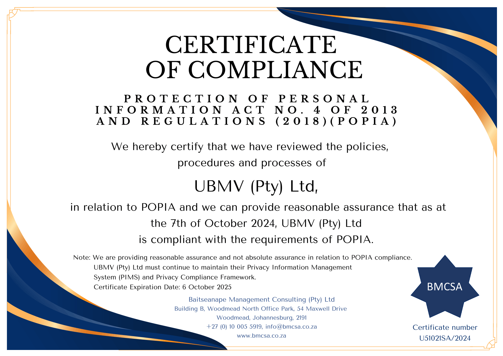 UBMV POPIA Certificate
